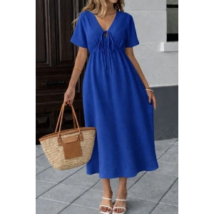 Kadın V Yaka Büzgülü Ip Detay Aerobin Kumaş Elbise