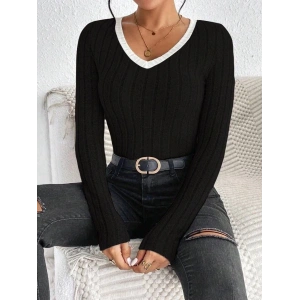 Kadın V Yaka Ribana Ve Garni Detay Sardonlu Kaşkorse Kumaş Bluz