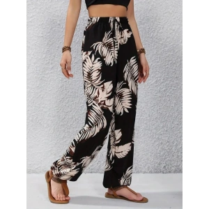 Kadın Yüksek Bel Bağcıklı Yaprak Desenli Süprem Pantolon