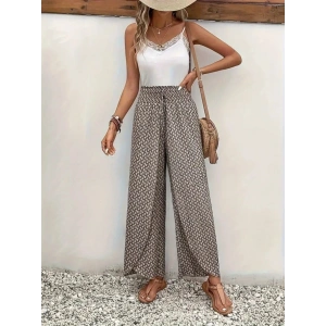 Kadın Yüksek Bel Lastikli önden Iki Parçalı Desenli Bürümcük Pantolon