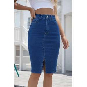 Kadın Yüksek Bel önden Yırtmaçlı Kısa Kot Etek