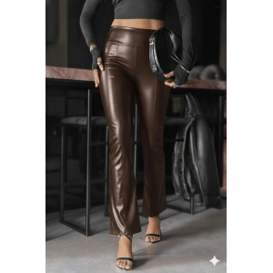 Kadın Yüksek Bel Paçaya Doğru Geniş Deri Pantolon