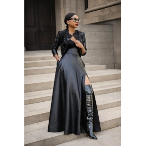 Kadın Yüksek Bel Uzun Yırtmaçlı Deri Etek