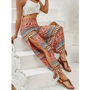 Kadın Yüksek Belli Yanlardan Yırtmaç Detaylı Desenli Bürümcük Pantolon
