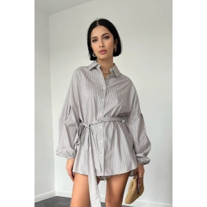 Kahverengi Çizgili Poplin Kuşaklı Gömlek