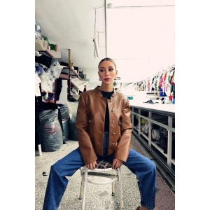 Kahverengi Önü Düğme Kapamalı Deri Ceket