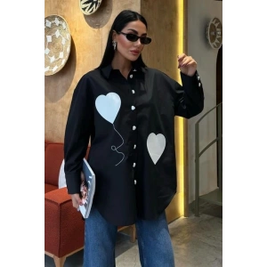 Kalp Nakışlı Ve Düğme Detaylı Oversize Gömlek 3430