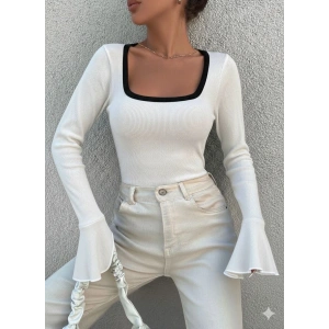 Kare yaka garni detay ispanyol kol bluz beyaz a3105