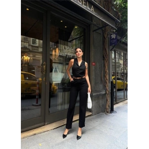 KETEN DUBLE PAÇA DERİ TABA KEMERLİ PANTOLON - Siyah