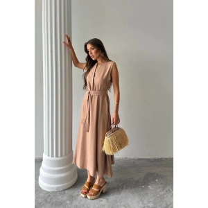 KETEN ELBİSE KOLSUZ BEL BAĞLAMALI MAXİ ELBİSE - Kahverengi