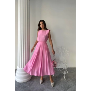 KETEN KOLSUZ BLUZ - MAXİ ETEK TAKIM - Pembe