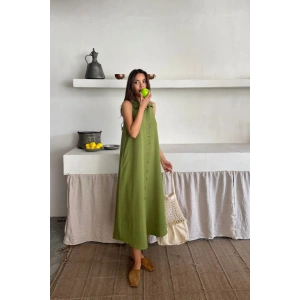 KETEN ÖNDEN DÜĞMELİ KOLSUZ GÖMLEK YAKA ELBİSE - Yağ Yeşili