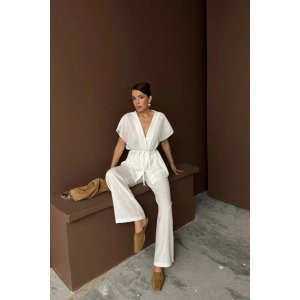 KETEN V YAKA BELDEN BAĞLAMALI BLUZ-PANTOLON TAKIM - Beyaz