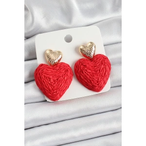Kırmızı Kalp Figürlü Hasır Örgü Model Gold Renk Kadın Küpe