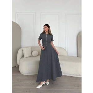 Kısa Kollu Önden Fermuarlı Çan Etekli Uzun Elbise - Antrasit