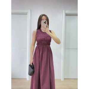 Kolsuz Göğüs Lastıklı Uzun Elbise - Bordo