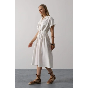 Kuşaklı Cep Detaylı Yarım Kol Elbise - Beyaz