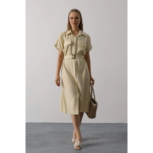Kuşaklı Cep Detaylı Yarım Kol Elbise - Ekru
