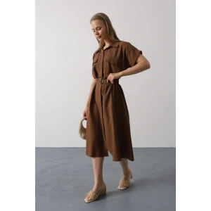 Kuşaklı Cep Detaylı Yarım Kol Elbise - Kahve
