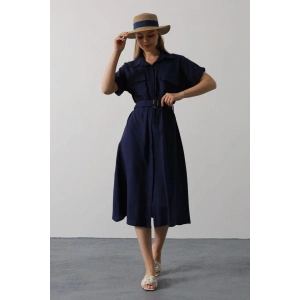 Kuşaklı Cep Detaylı Yarım Kol Elbise - Lacivert