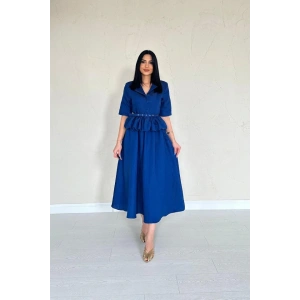 Lacivert İnce Kemerli Fırfırlı Ceket Ve Büzgülü Etek Takım