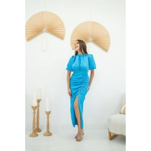 Mavi Jakarlı Ve Desenli Elbise