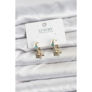 Mavi Taş Detaylı Pirinç Gold Renk Kadın Göçmen Küpesi