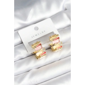 Mineli Karışık Renkli Gold Pirinç Kadın Küpe