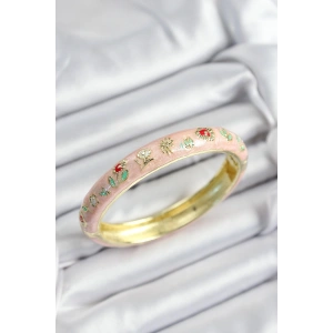 Mineli Pirinç Pembe Çiçek Motifli Gold Renk Kadın Kelepçe
