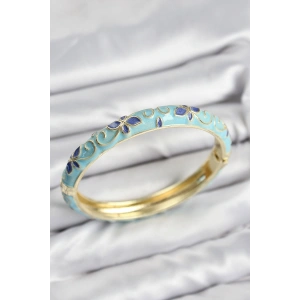 Mineli Pirinç Turkuaz Çiçek Motifli Gold Kadın Kelepçe