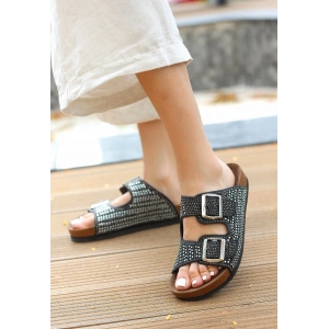 Monte Siyah Nubuk Boncuk İşlemeli Terlik