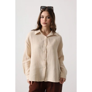Müslin Uzun Kol Gömlek - Bej