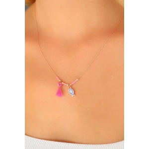 Nazar Boncuklu Pembe Renk Taşlı Rose Bayan Kolye