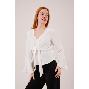 Ön Bağlamalı Volan Kol Beyaz Bluz