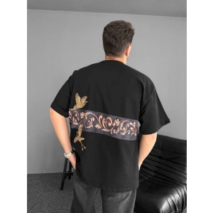 Ön Ve Arka Baskılı Oversize Bisiklet Yaka T-shirt - Siyah