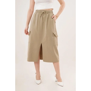 Ön Yırtmaçlı Cep Detaylı Haki Etek