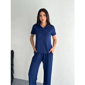 Osy Modal Yumuşak Dokulu Kumaş Kısa Kollu Yakalı T-shirt Pantalon Ikili Takım- Lacivert