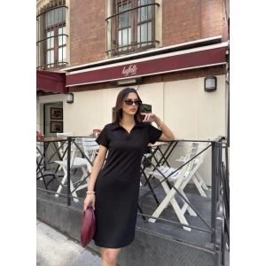 Osy Modal Yumuşak Dokulu Kumaş Yakalı Kısa Kollu Elbise - Siyah