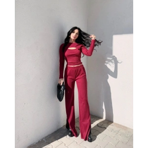 Pencereli detaylı alt üst takım bordo w3864