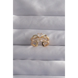 Pirinç Ayarlamalı Gold Renk Zirkon Taşlı 2li Görünüm Fiyonk Yüzük