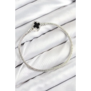 Pirinç Charm Zirkon Taşlı Yonca Model Gümüş Renk Kadın Bileklik