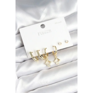 Pirinç Gold Renk 925 Ayar Gümüş Çivili Kadın Küpe Seti