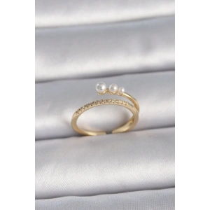 Pirinç Gold Renk Ayarlanabilir Zirkon Taşlı İncili Model Kadın Yüzük