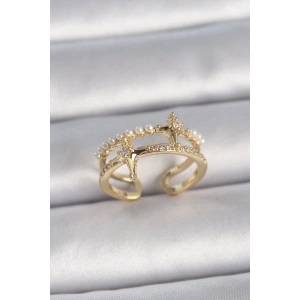 Pirinç Gold Renk Ayarlanabilir Zirkon Taşlı İncili Yıldız Model Kadın Yüzük