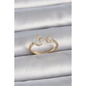 Pirinç Gold Renk İncili Hilal Zirkon Taşlı Yıldız Ayarlanabilir Model Kadın Yüzük