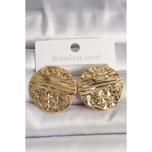 Pirinç Gold Renk İşlemeli Daire Plaka Model Kadın Küpe