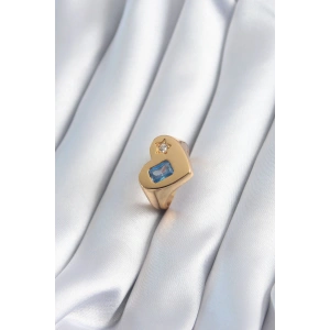 Pirinç Gold Renk Kalp Model Zirkon Taş Yıldız Detay Kadın Yüzük