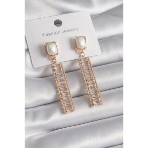 Pirinç Gold Renk Kare İnci Zirkon Taşlı Su Yolu Model Kadın Küpe