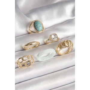 Pirinç Gold Renk Kare Zirkon Taşlı Sarmal Model Mavi Taş Detay 6Lı Kadın Yüzük Seti