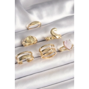 Pirinç Gold Renk Pembe Damla Mineli Sarmal İşleme Detaylı 6Lı Kadın Yüzük Seti